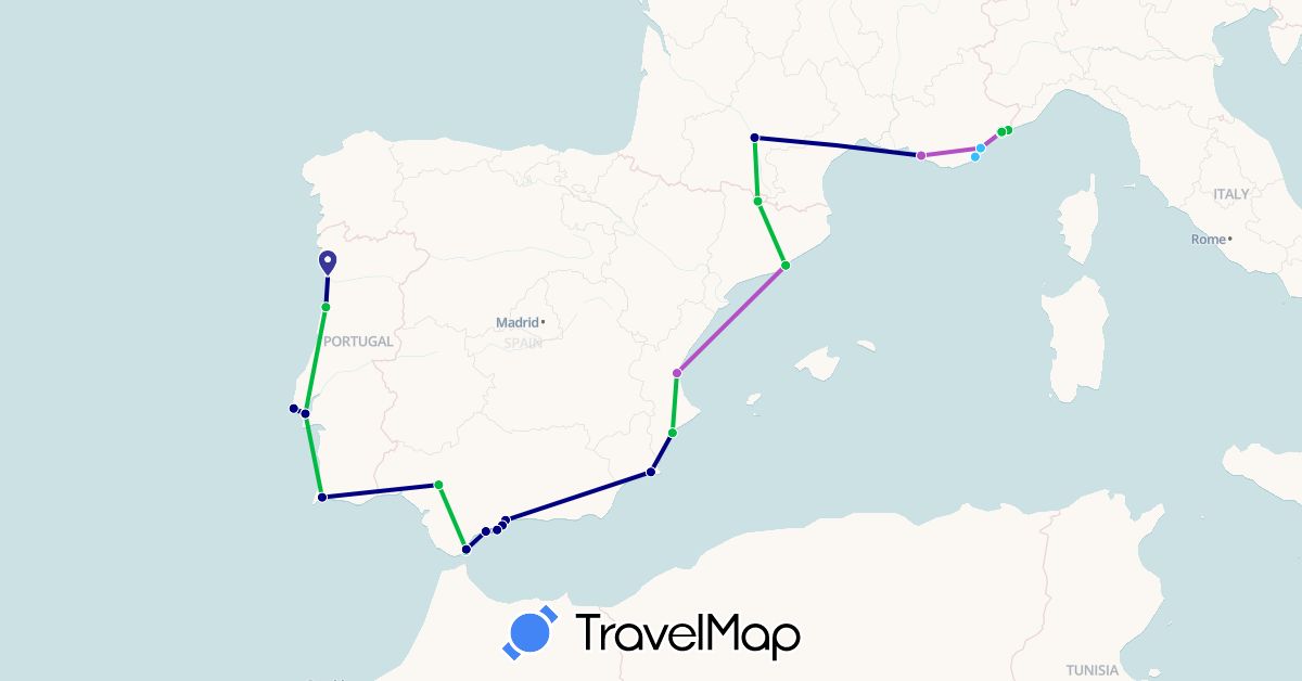 TravelMap itinerary: driving, bus, train, boat in Andorra, Spain, France, Gibraltar, Monaco, Portugal (Europe)